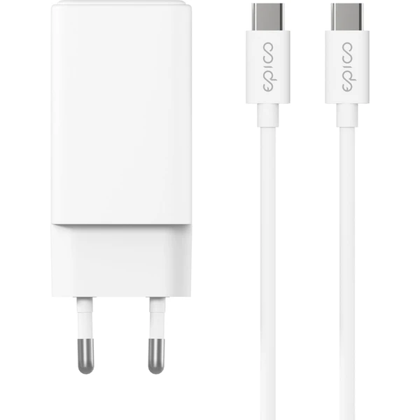 Epico UltraBoost GaN 65W síťový adaptér EA65 s 1,2 m USB-C na USB-C kabelem bílý - Nabíječky - Obrázek U3DE000L01