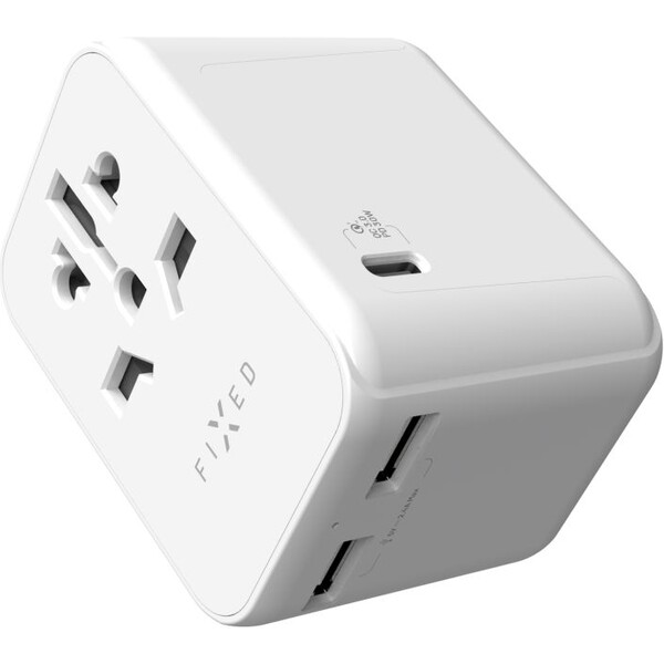 30W cestovní adaptér FIXED Voyager GaN (EU, UK, USA, AUS) - bílý
