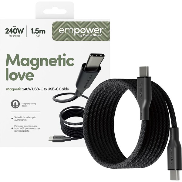 PanzerGlass® empower magnetický kabel (240 W) USB-C/USB-C, 1,5 m, černý