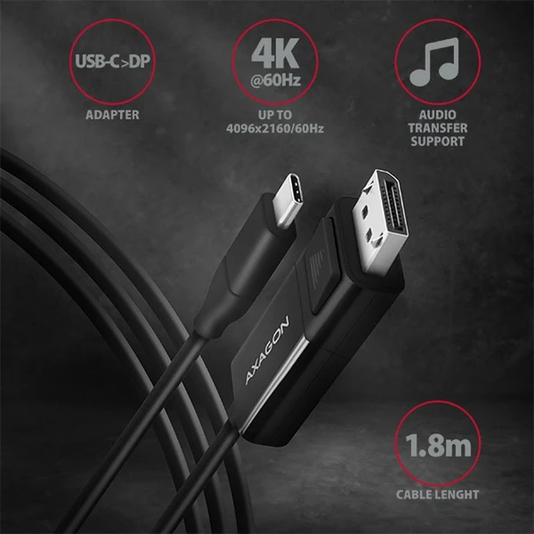 AXAGON USB-C/DisplayPort 1.2 kabel 4K 1,8m černý - Kabely a redukce - Obrázek UI7HF00101