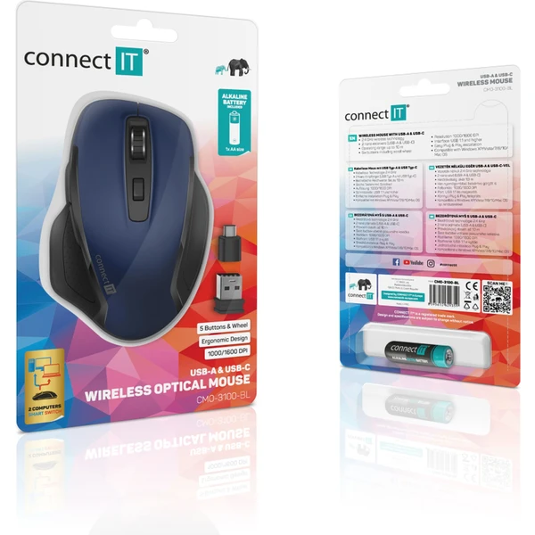 CONNECT IT Dual SmartSwitch bezdrátová myš, USB-A + C (+1x AA baterie zdarma) modrá - Myši - Obrázek V2N0000P01