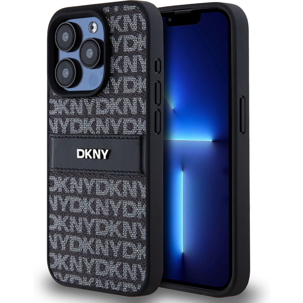 DKNY PU Leather Repeat Pattern Tonal Stripe kryt iPhone 15 Pro Max černý