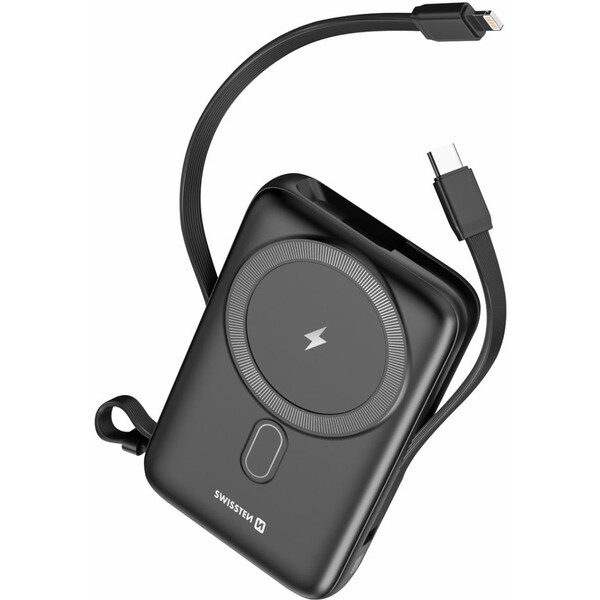 Swissten MagSafe powerbanka 10 000 mAh PD 20W, s USB-C/Lightning černá