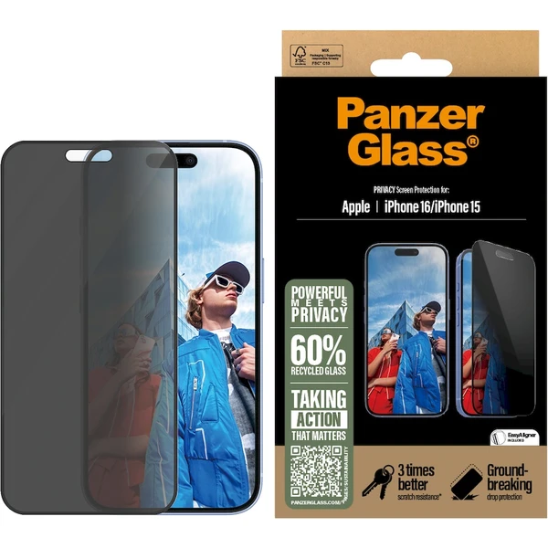 PanzerGlass® Privacy Apple iPhone 16/15 s instalačním rámečkem - Ochranné folie a skla - Obrázek VE08000P01