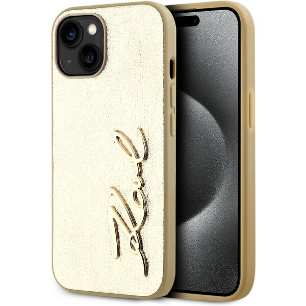 Karl Lagerfeld Wrinkled PU Signature Logo zadní kryt iPhone 14 zlatý