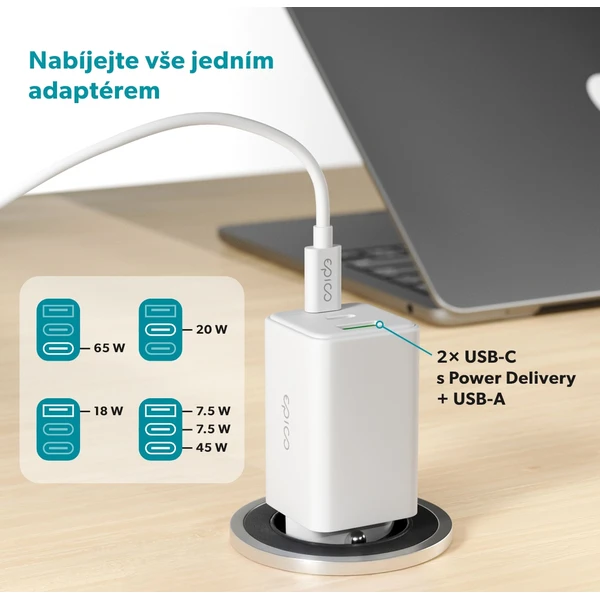 Epico UltraBoost GaN 65W síťový adaptér EA65 s 1,2 m USB-C na USB-C kabelem bílý - Nabíječky - Obrázek W0LL000K01