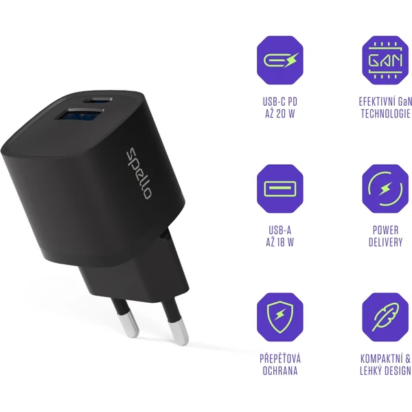 Spello ForceBoost GaN 20W nabíjecí adaptér černý - Nabíječky - Obrázek W1LL000K01