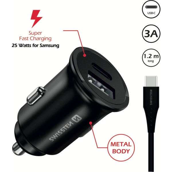 SWISSTEN CL kovový adaptér do auta 25W (Samsung)+kabel USB-C/USB-C černý - Nabíječky - Obrázek W1XR000501