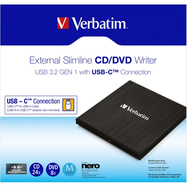 VERBATIM externí mechanika DVD-RW vypalovačka USB-C, černá + NERO - Optické mechaniky - Obrázek W353000O01