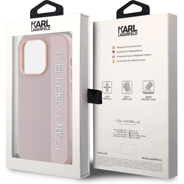 Karl Lagerfeld PU Saffiano Rhinestone Charm zadní kryt iPhone 15 Pro Max růžový - Pouzdra - Obrázek W4N5000J01