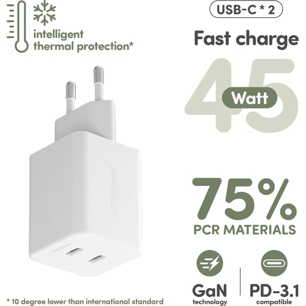 PanzerGlass® empower nabíječka Turbo GaN (45 W) 2x USB-C, bílá - Nabíječky - Obrázek W53J000K01