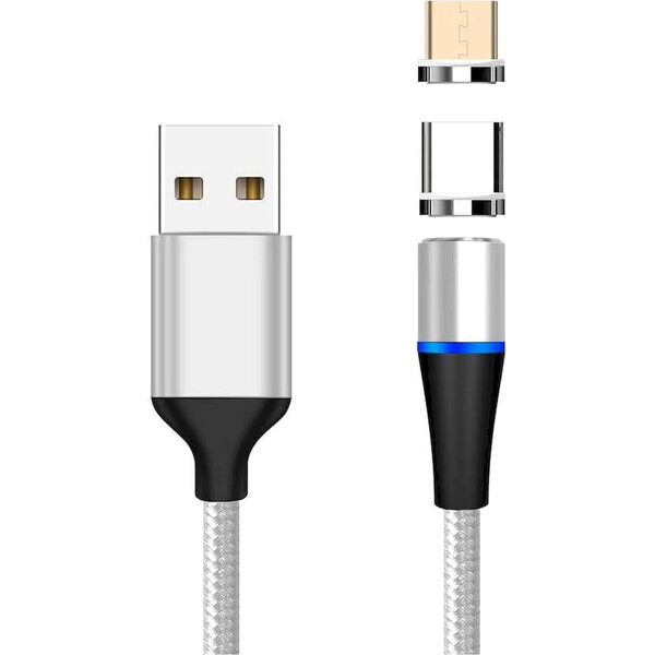 PremiumCord Magnetický micro USB a USB-C nabíjecí a datový kabel 1m, stříbrný Stříbrná