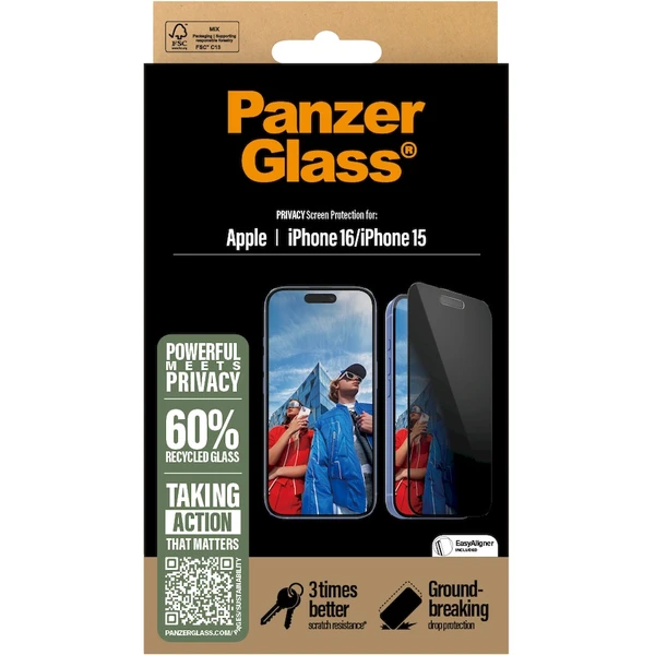 PanzerGlass® Privacy Apple iPhone 16/15 s instalačním rámečkem - Ochranné folie a skla - Obrázek WE08000P01