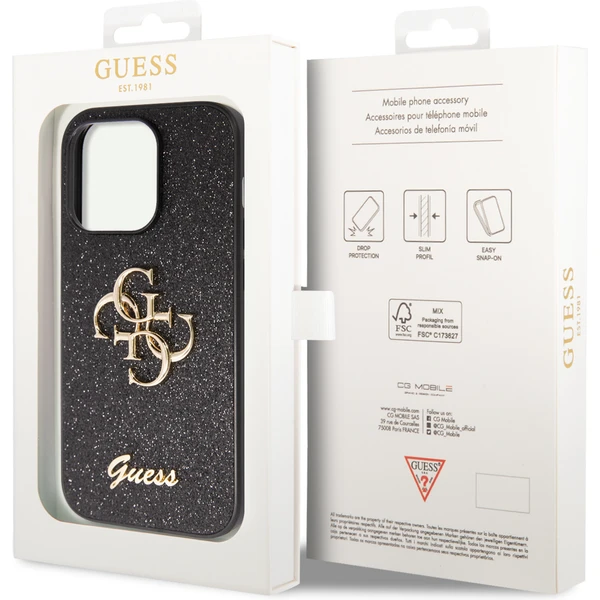 Guess PU Fixed Glitter 4G Metal Logo kryt iPhone 15 Pro Max černý - Pouzdra - Obrázek WRX4000701