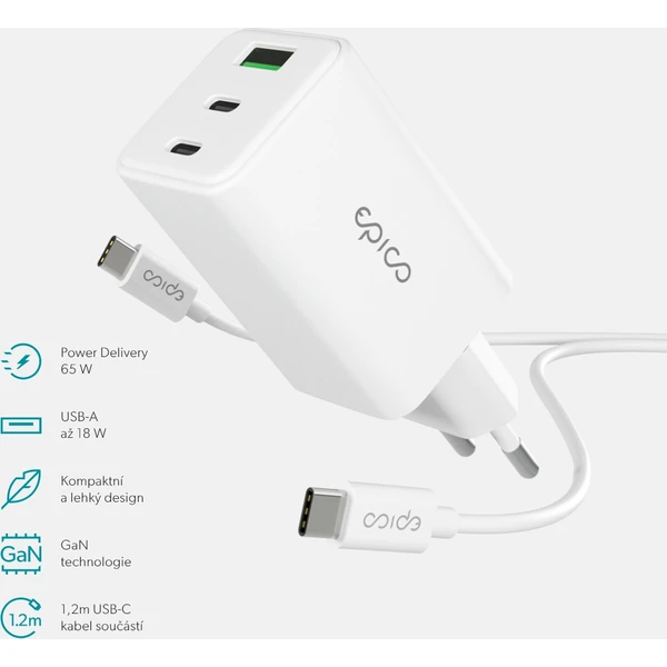 Epico UltraBoost GaN 65W síťový adaptér EA65 s 1,2 m USB-C na USB-C kabelem bílý - Nabíječky - Obrázek X0LL000K01