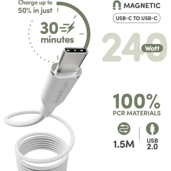 PanzerGlass USB-C/USB-C magnetický napájecí kabel 240W 1,5m bílý - Kabely a redukce - Obrázek X63J000K01