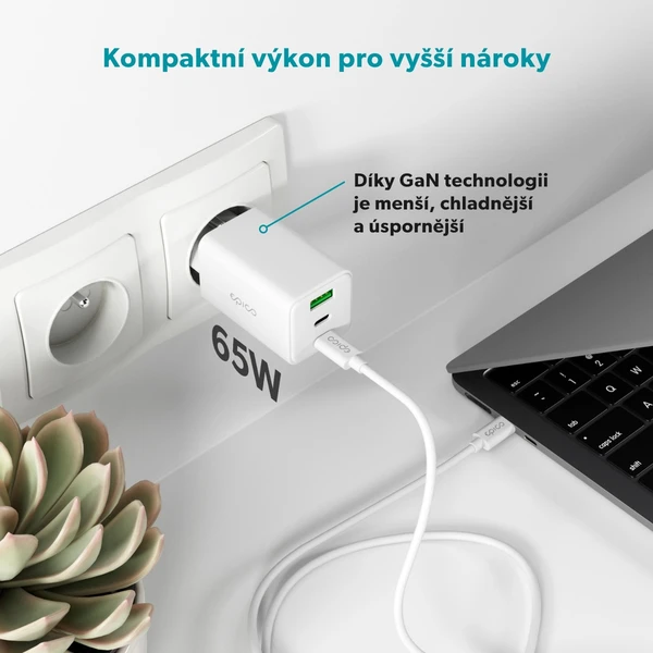 Epico UltraBoost GaN 65W síťový adaptér EA65 s 1,2 m USB-C na USB-C kabelem bílý - Nabíječky - Obrázek Y0LL000K01