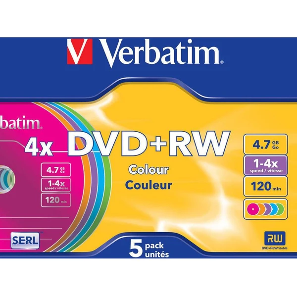 VERBATIM DVD+RW(5 ks)Slim/Colour//4x/DLP/4.7GB - Optické disky - Obrázek Y8P2000P01