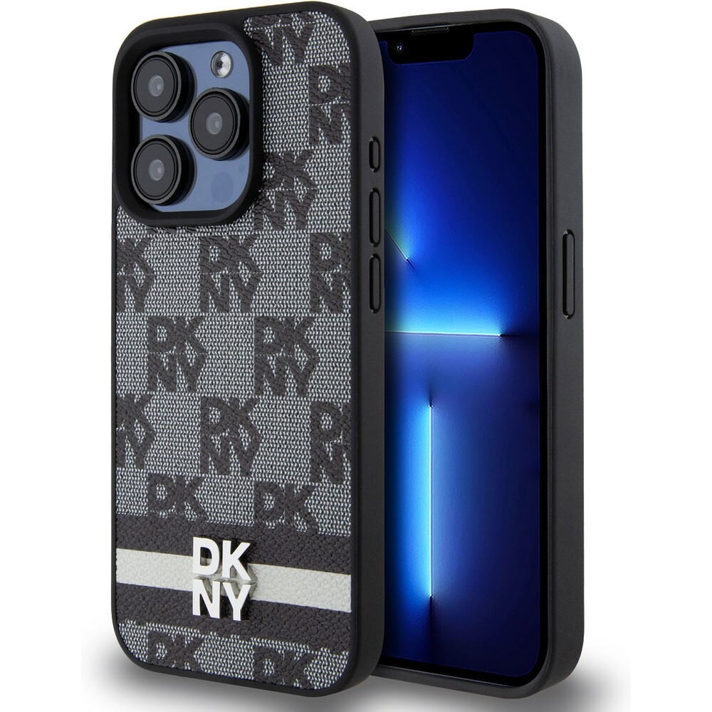 DKNY PU Leather Checkered Pattern and Stripe kryt iPhone 12/12 Pro černý