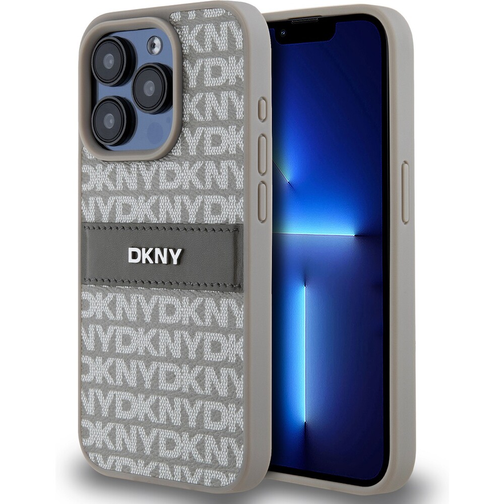 DKNY PU Leather Repeat Pattern Tonal Stripe kryt iPhone 15 Pro béžový