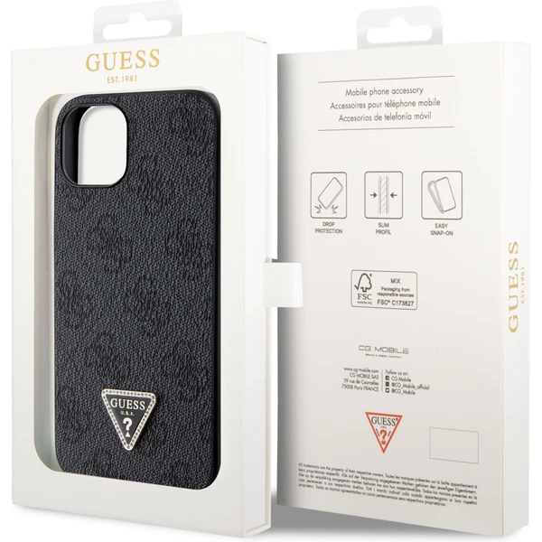 Guess PU 4G Strass Triangle Metal Logo kryt iPhone 15 černý - Pouzdra - Obrázek YWX4000701