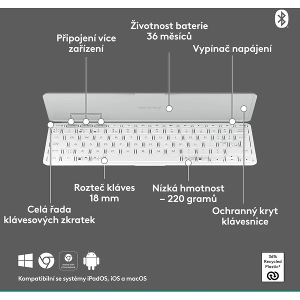 Logitech Keys to go 2 bezdrátová US klávesnice šedá - Klávesnice - Obrázek Z445000J01