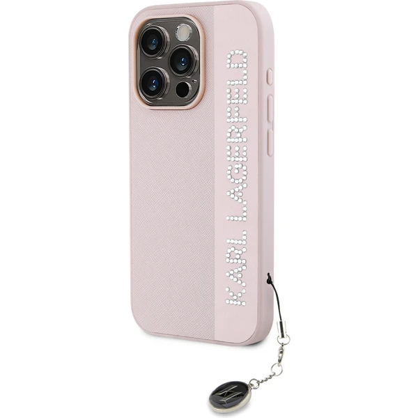 Karl Lagerfeld PU Saffiano Rhinestone Charm zadní kryt iPhone 15 Pro Max růžový - Pouzdra - Obrázek Z4N5000J01