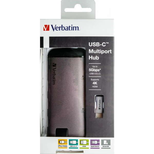 Verbatim USB-C Multiport HUB, 3x USB 3.0, 1x USB-C, HDMI, LAN, SD, microSD dokovací stanice šedá - Dokovací stanice - Obrázek ZBOR000301