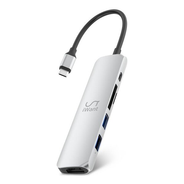 iWant USB-C HUB 6v1 HDMI + SD/Micro SD stříbrný