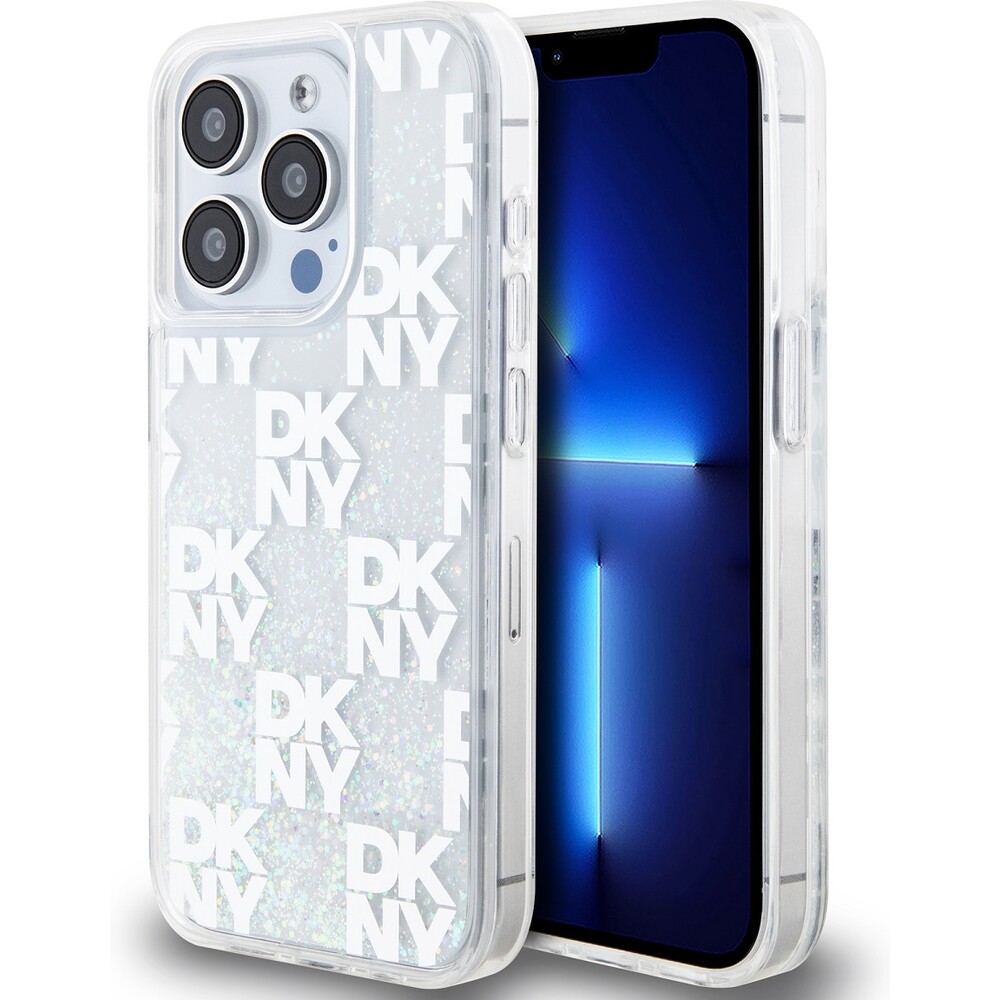 DKNY Liquid Glitter Checkered Pattern kryt iPhone 15 Pro čirý
