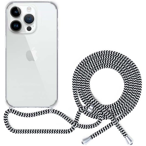 Spello Crossbody kryt se šňůrkou pro iPhone 15 Plus  transparentní / černo-bílá šňůrka