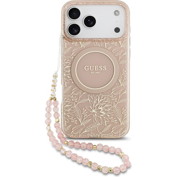 Guess IML Flowers Allover Strap MagSafe kryt iPhone 17 Pro Max růžový