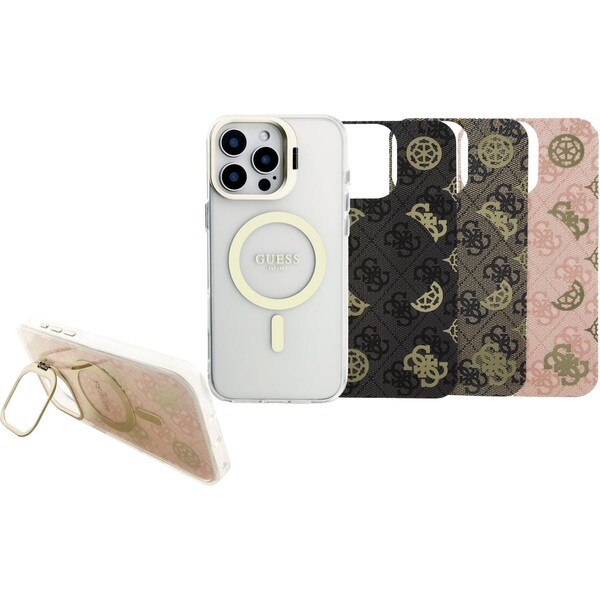 Guess PC/TPU Electroplated Stand Camera Frame MagSafe kryt s vyměnitelným pozadím iPhone 16 Pro Max