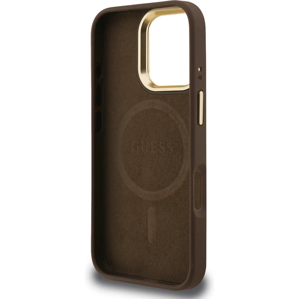 Guess PU 4G Strass Triangle Logo Stand Camera Frame MagSafe kryt iPhone 16 Pro hnědý - Pouzdra - Obrázek a43c3c8530014f2d840da6fee7d5e02b