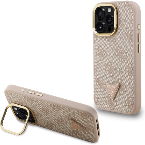 Guess PU 4G Strass Triangle Logo Stand Camera Frame MagSafe kryt iPhone 16 Pro Max růžový