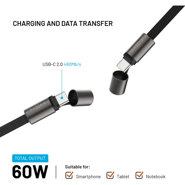 FIXED Neck Cable opletený kabel s USB-C/USB-C, 1.6m, PD 60W, 480Mbps černý - Kabely a redukce - Obrázek a6c88c7560804aa788aaff083e1a1da6