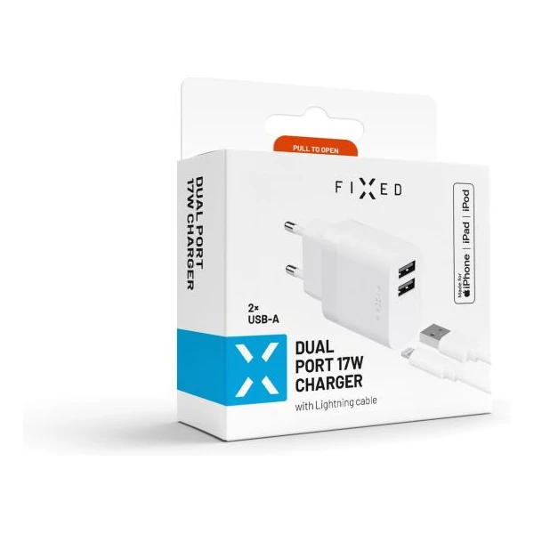 FIXED nabíječka s USB-A/Lightning kabelem, 1 m, MFi, 17W, bílá - Nabíječky - Obrázek a836b01b2cba423aaf508c76c209f803