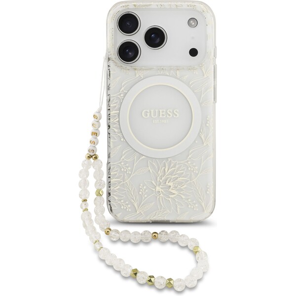 Guess IML Flowers Allover Strap MagSafe kryt iPhone 17 Pro bílý