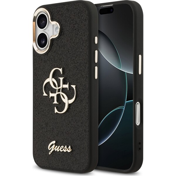 Guess PU Fixed Glitter 4G Metal Frame kryt iPhone 17 černý
