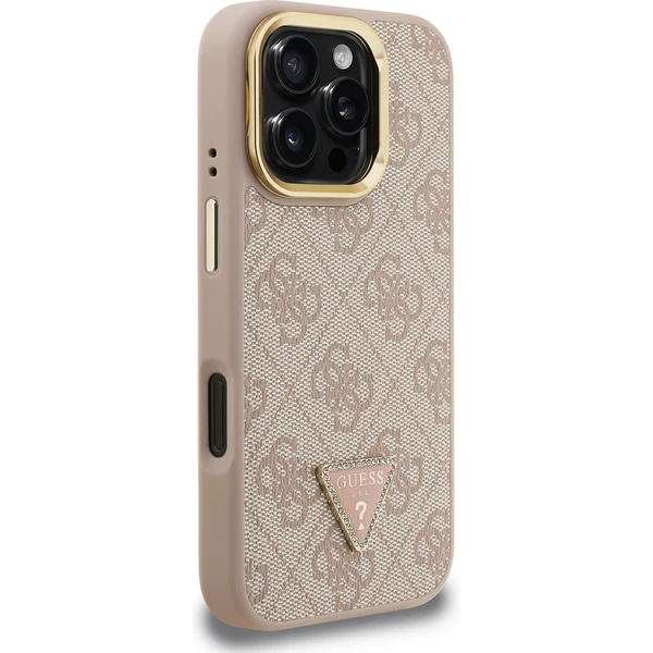 Guess PU 4G Strass Triangle Logo Stand Camera Frame MagSafe kryt iPhone 16 Pro růžový - Pouzdra - Obrázek adfde1ba70f04179a5198d030585a552