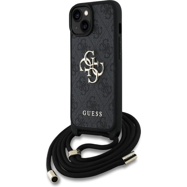Guess PU 4G Metal Logo Crossbody popruh kryt iPhone 15 černý