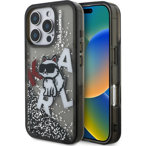 Karl Lagerfeld Liquid Glitter Scattered Choupette kryt iPhone 16 Pro černý