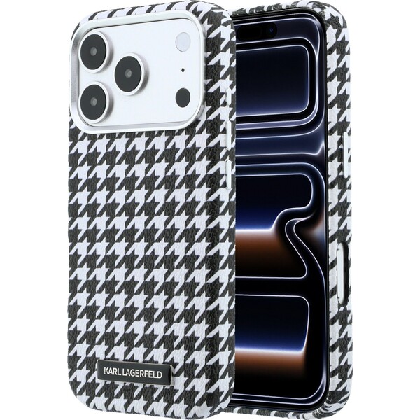 Karl Lagerfeld PU Houndstooth Resin Plate MagSafe kryt iPhone 17 Pro černý