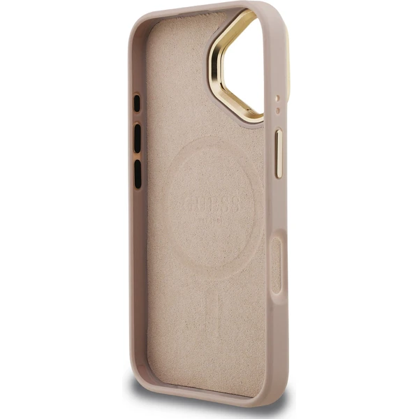 Guess PU 4G Strass Triangle Logo Stand Camera Frame MagSafe kryt iPhone 16 růžový - Pouzdra - Obrázek af62abd6e8294eebaf698788e2780241