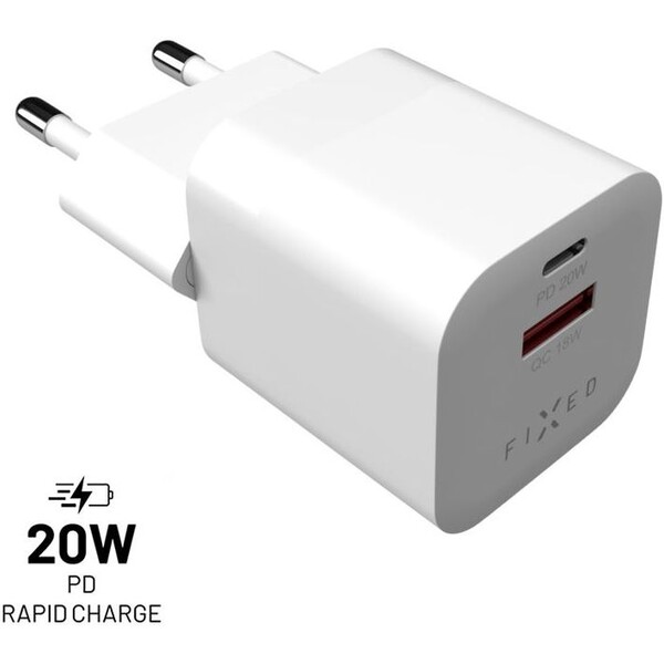 FIXED Mini nabíječka s USB-C a USB-A výstupem PD 20W a QC 3.0 bílá