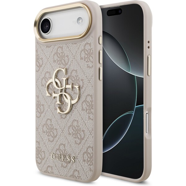 Guess PU Leather 4G Metal Logo Gold Frame kryt iPhone 17 Air růžový