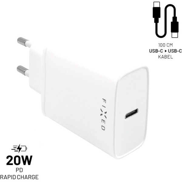 FIXED síťová USB-C nabíječka s USB-C/USB-C kabelem, PD, 1 m, 20W, bílá