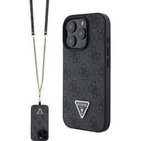 Guess PU 4G Strass Triangle Metal Logo kryt + Crossbody Popruh pro iPhone 16 Pro černý - Pouzdra