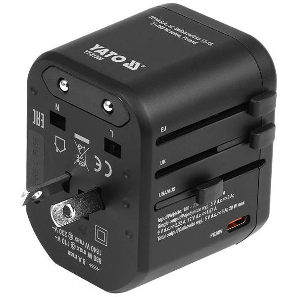 Vasco Yato univerzální cestovní adaptér, PD USB-C, QC3.0 USB-A, - Nabíječky - Obrázek b5d23582504d4cc6bb56010a5a9ed907