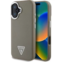 Guess PU Grained Triangle Logo kryt pro iPhone 16 hnědý - Pouzdra